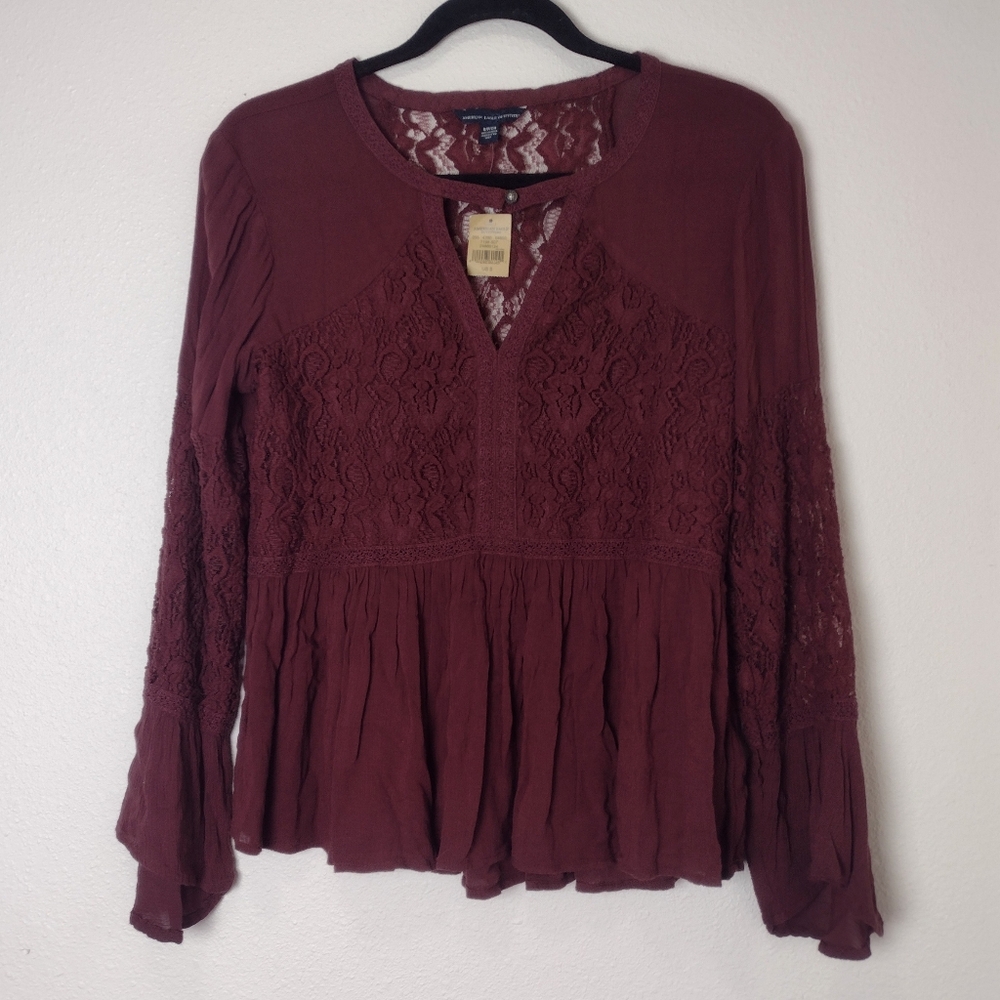 American Eagle Sheer Lace Panel Bell Sleeve V-Neck Flowy Peplum Blouse Wine Red - Picture 2 of 15